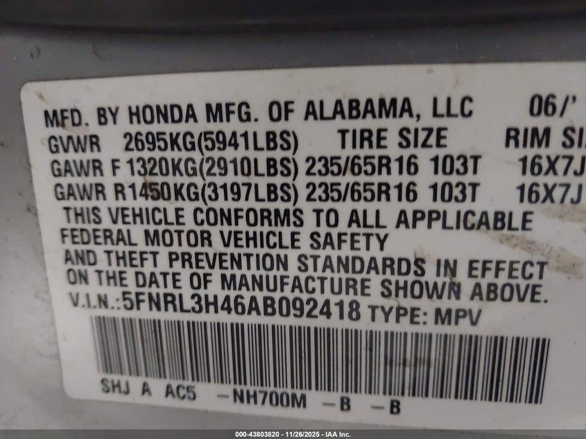 2010 Honda Odyssey Ex VIN: 5FNRL3H46AB092418 Lot: 43803820
