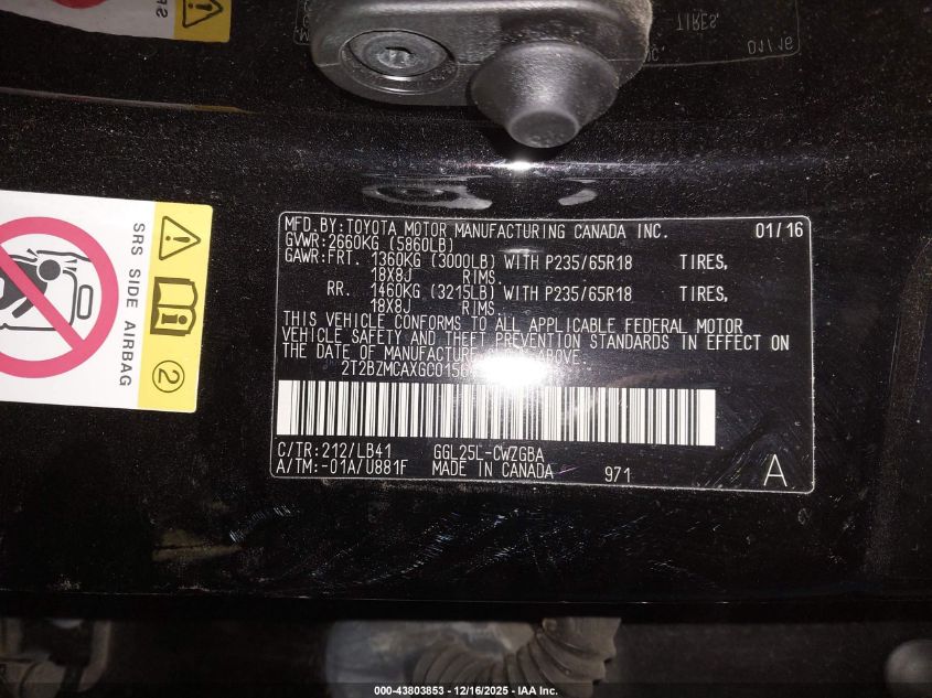 2016 Lexus Rx 350 VIN: 2T2BZMCAXGC015644 Lot: 43803853