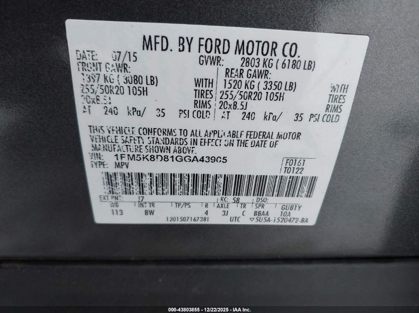 2016 Ford Explorer Xlt VIN: 1FM5K8D81GGA43905 Lot: 43803855