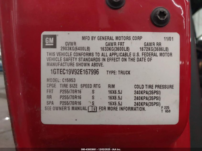 2002 GMC Sierra 1500 Standard VIN: 1GTEC19V92E167996 Lot: 43803861