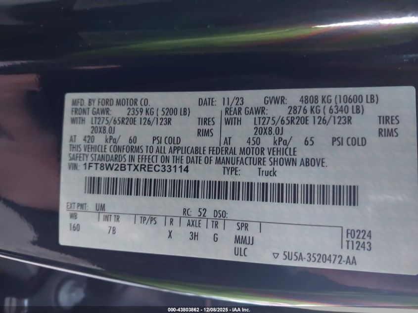 2024 Ford F-250 Platinum VIN: 1FT8W2BTXREC33114 Lot: 43803862