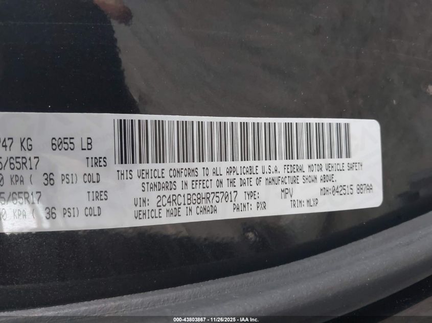 2017 Chrysler Pacifica Touring-L VIN: 2C4RC1BG8HR757017 Lot: 43803867