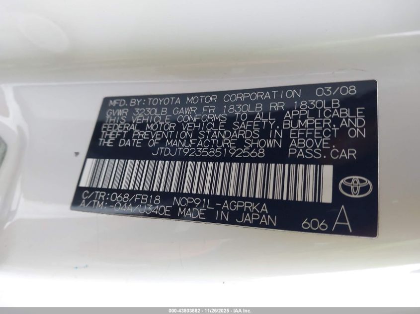 2008 Toyota Yaris VIN: JTDJT923585192568 Lot: 43803882