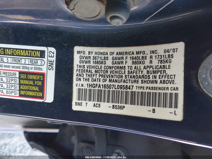 2007 Honda Civic Lx VIN: 1HGFA16507L095847 Lot: 43803885