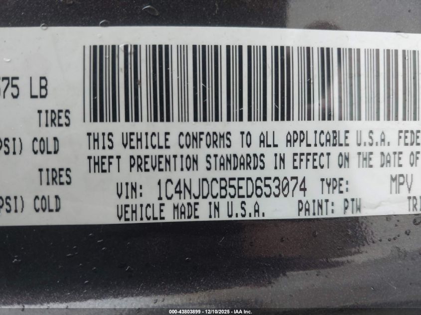 2014 Jeep Compass Limited VIN: 1C4NJDCB5ED653074 Lot: 43803899