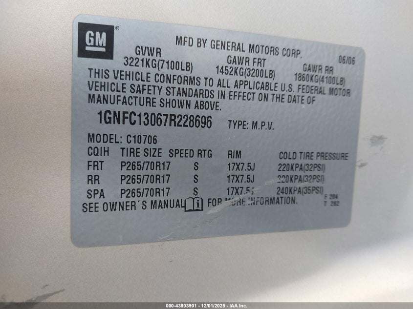 2007 Chevrolet Tahoe Ls VIN: 1GNFC13067R228696 Lot: 43803901