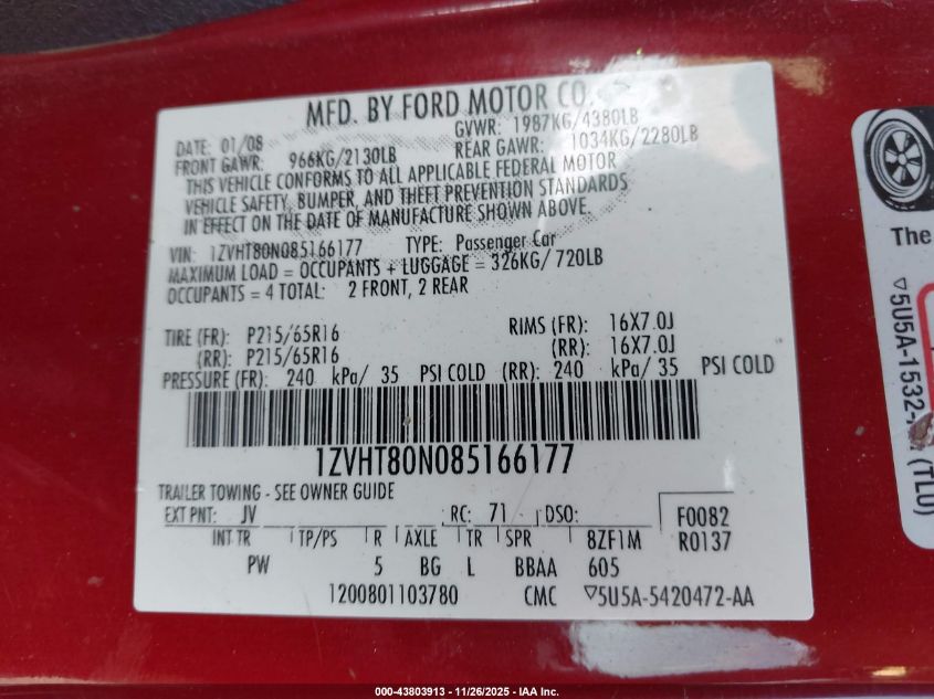 2008 Ford Mustang V6 Deluxe/V6 Premium VIN: 1ZVHT80N085166177 Lot: 43803913