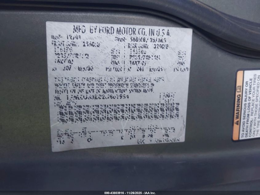 2002 Ford Explorer Xlt VIN: 1FMZU63E82UB61984 Lot: 43803916