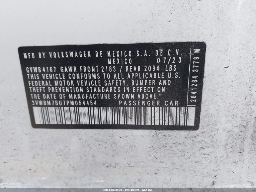 2023 Volkswagen Jetta 1.5T Sport VIN: 3VWBM7BU7PM054454 Lot: 43803930