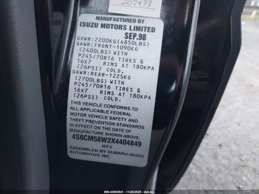 1999 Honda Passport Ex/Lx VIN: 4S6CM58W2X4404849 Lot: 43803941