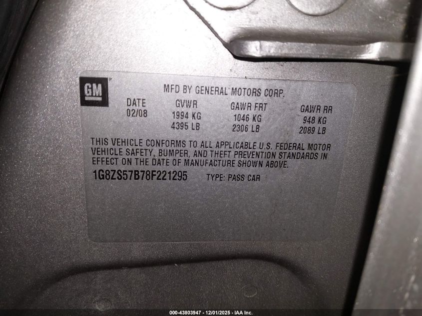 2008 Saturn Aura Xe VIN: 1G8ZS57B78F221295 Lot: 43803947