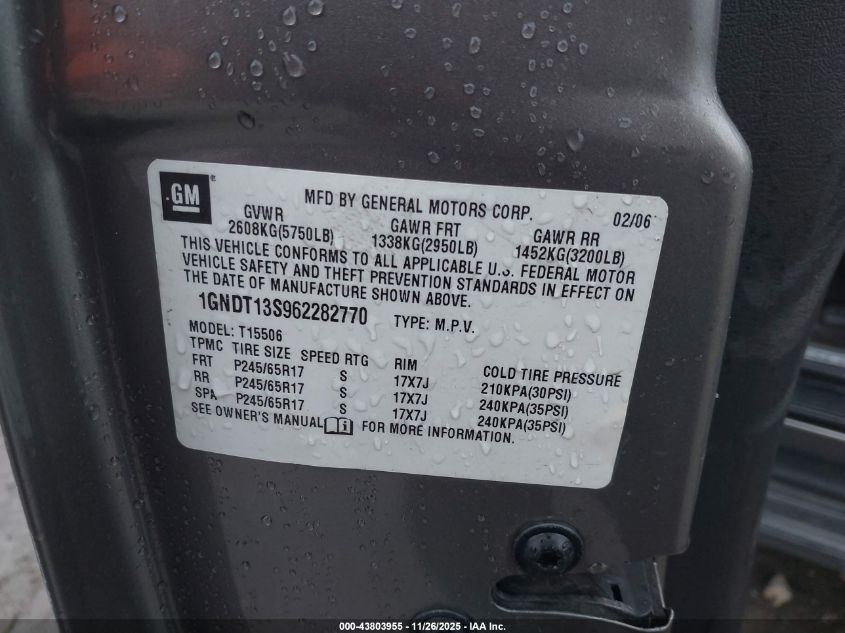 2006 Chevrolet Trailblazer Lt VIN: 1GNDT13S962282770 Lot: 43803955