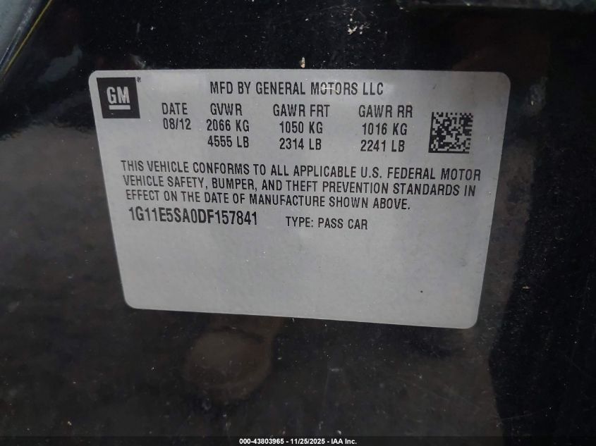 2013 Chevrolet Malibu 2Lt VIN: 1G11E5SA0DF157841 Lot: 43803965