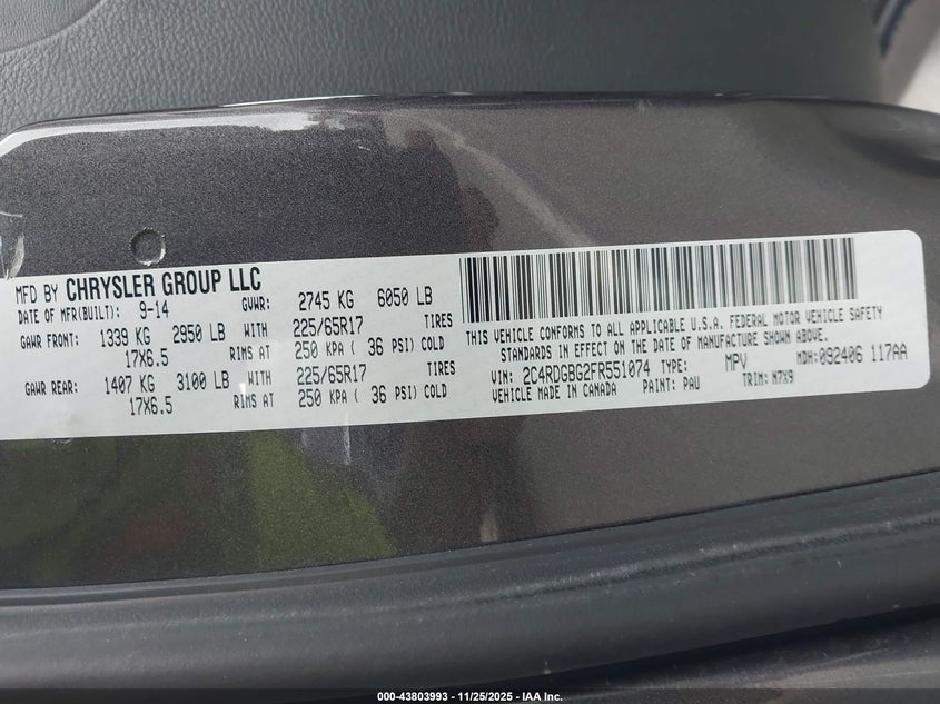 2015 Dodge Grand Caravan Se VIN: 2C4RDGBG2FR551074 Lot: 43803993
