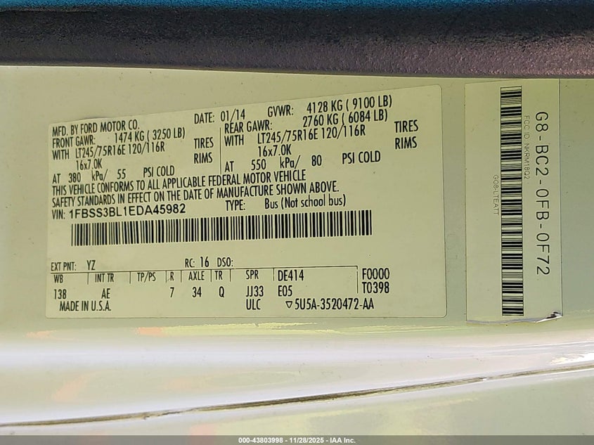2014 Ford E-350 Super Duty Xl VIN: 1FBSS3BL1EDA45982 Lot: 43803998