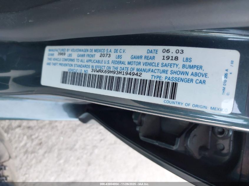 2003 Volkswagen Jetta Gl VIN: 3VWRK69M93M194942 Lot: 43804004