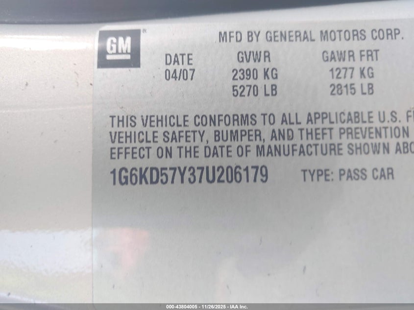 2007 Cadillac Dts Luxury Ii VIN: 1G6KD57Y37U206179 Lot: 43804005