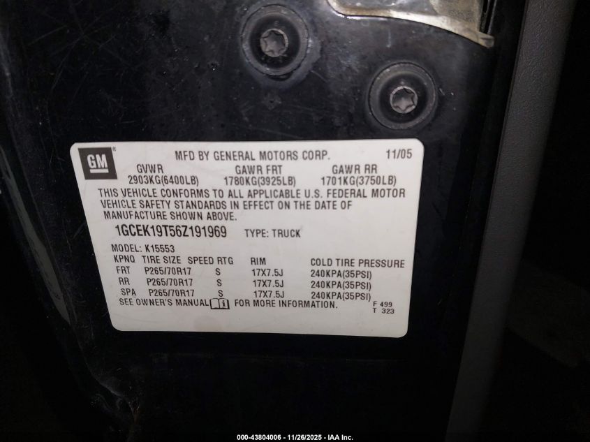 2006 Chevrolet Silverado 1500 Lt1 VIN: 1GCEK19T56Z191969 Lot: 43804006