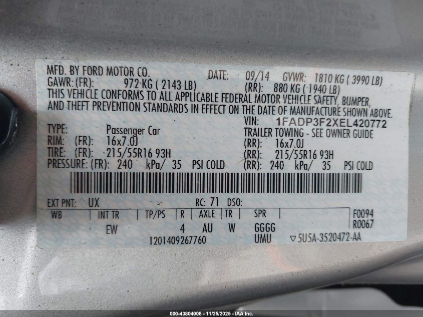 2014 Ford Focus Se VIN: 1FADP3F2XEL420772 Lot: 43804008