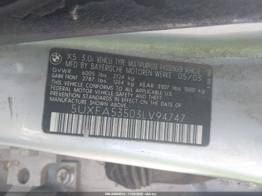 2003 BMW X5 3.0I VIN: 5UXFA53503LV94747 Lot: 43804014