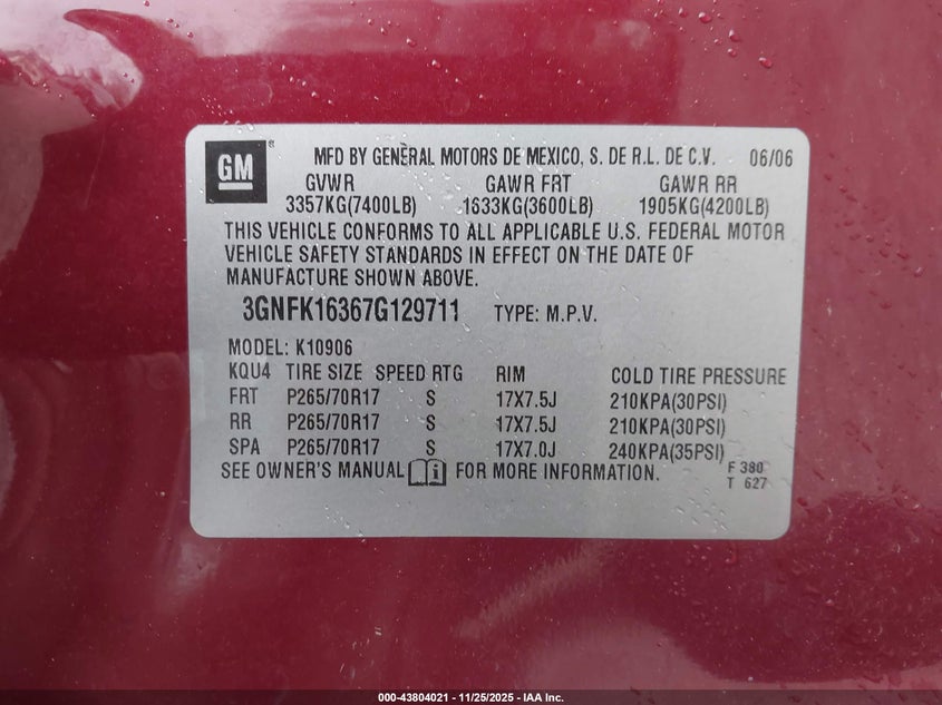 2007 Chevrolet Suburban 1500 Lt VIN: 3GNFK16367G129711 Lot: 43804021