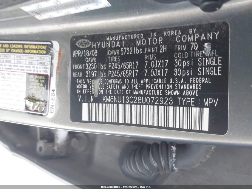 2008 Hyundai Veracruz Gls/Limited/Se VIN: KM8NU13C28U072923 Lot: 43804040