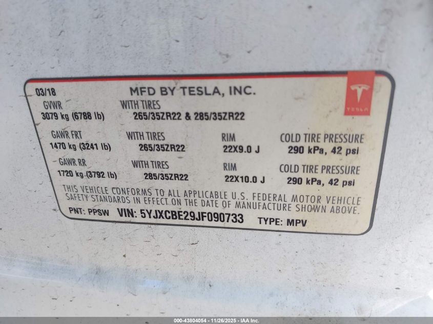 2018 Tesla Model X 100D/75D/P100D VIN: 5YJXCBE29JF090733 Lot: 43804054