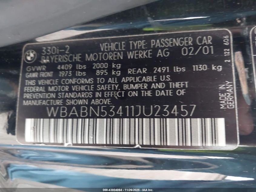 2001 BMW 330Ci VIN: WBABN53411JU23457 Lot: 43804064