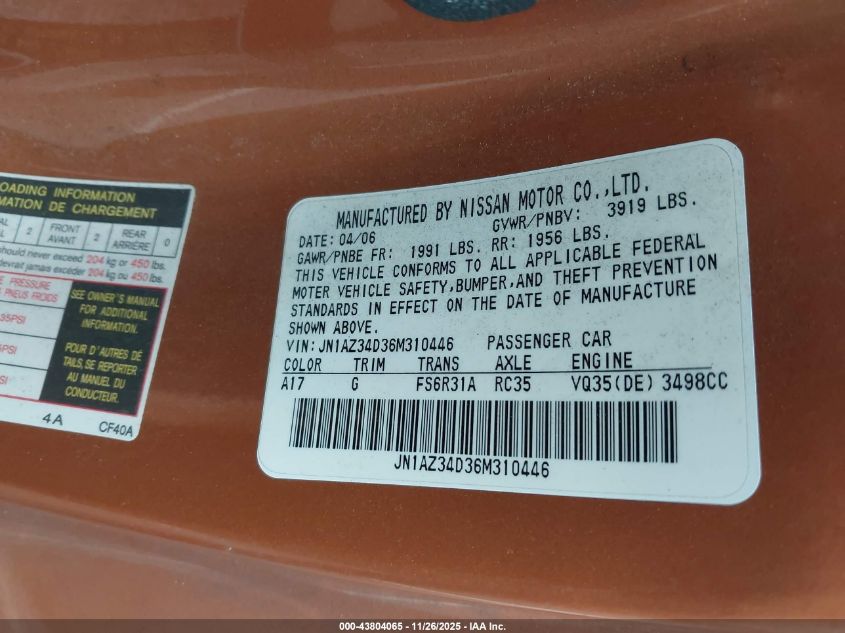 2006 Nissan 350Z VIN: JN1AZ34D36M310446 Lot: 43804065
