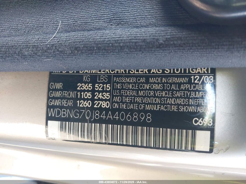 2004 Mercedes-Benz S 430 VIN: WDBNG70J84A406898 Lot: 43804072