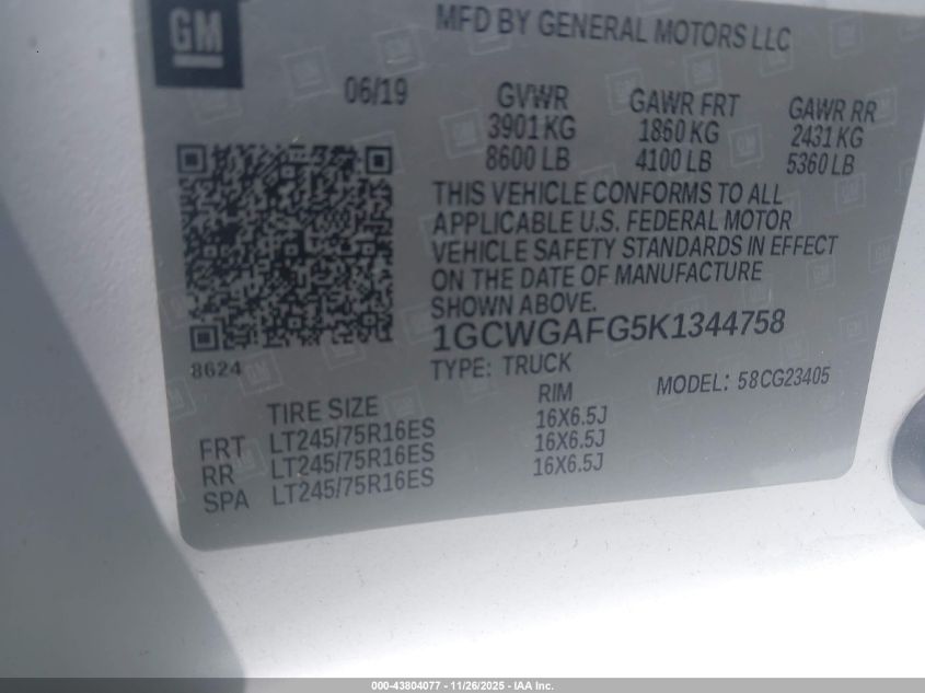 2019 Chevrolet Express 2500 Work Van VIN: 1GCWGAFG5K1344758 Lot: 43804077
