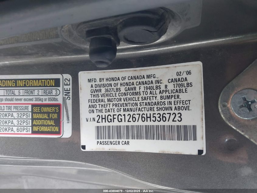 2006 Honda Civic Lx VIN: 2HGFG12676H536723 Lot: 43804079