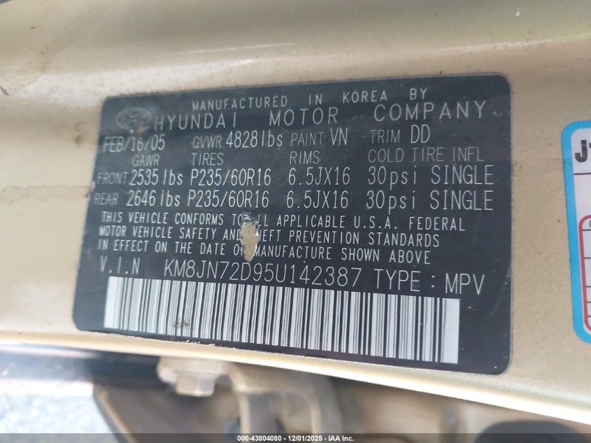 2005 Hyundai Tucson Gls/Lx VIN: KM8JN72D95U142387 Lot: 43804080