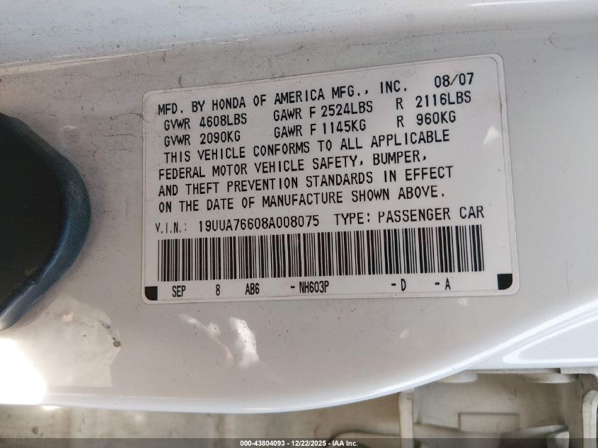2008 Acura Tl Type S VIN: 19UUA76608A008075 Lot: 43804093
