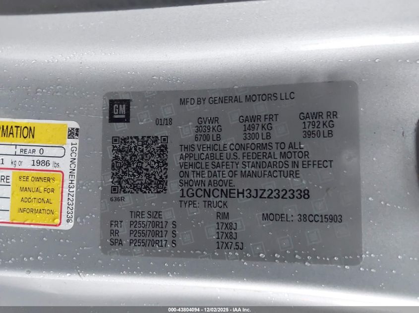 2018 Chevrolet Silverado 1500 Wt VIN: 1GCNCNEH3JZ232338 Lot: 43804094