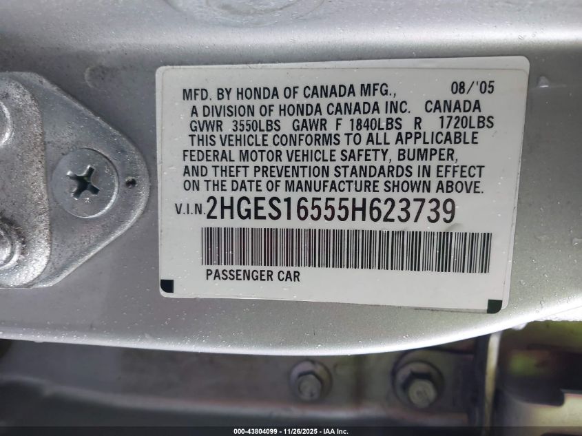 2005 Honda Civic Lx VIN: 2HGES16555H623739 Lot: 43804099