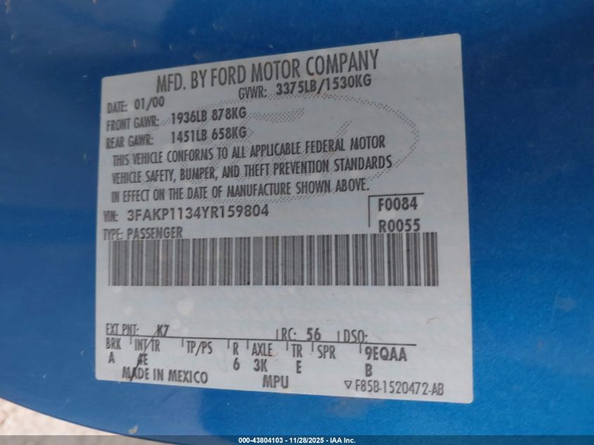 3FAKP1134YR159804 2000 FORD ESCORT photo no. 9