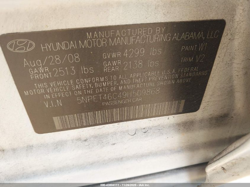 2009 Hyundai Sonata Gls VIN: 5NPET46C49H509868 Lot: 43804111