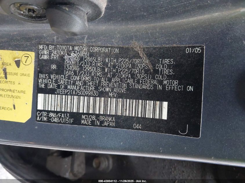 2005 Toyota Highlander V6 VIN: JTEEP21A750099830 Lot: 43804112