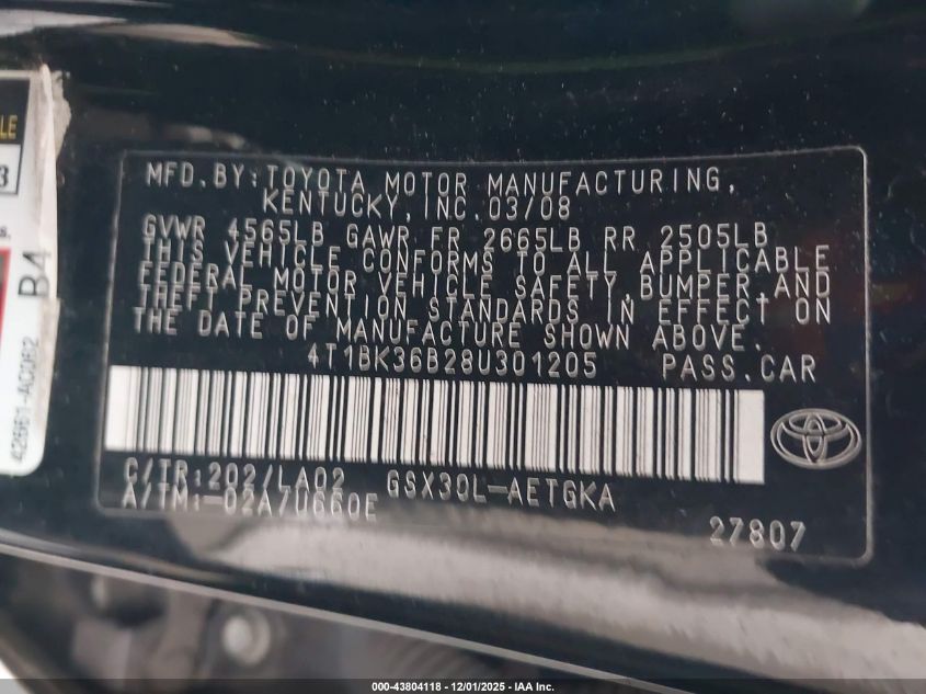 2008 Toyota Avalon Xls VIN: 4T1BK36B28U301205 Lot: 43804118