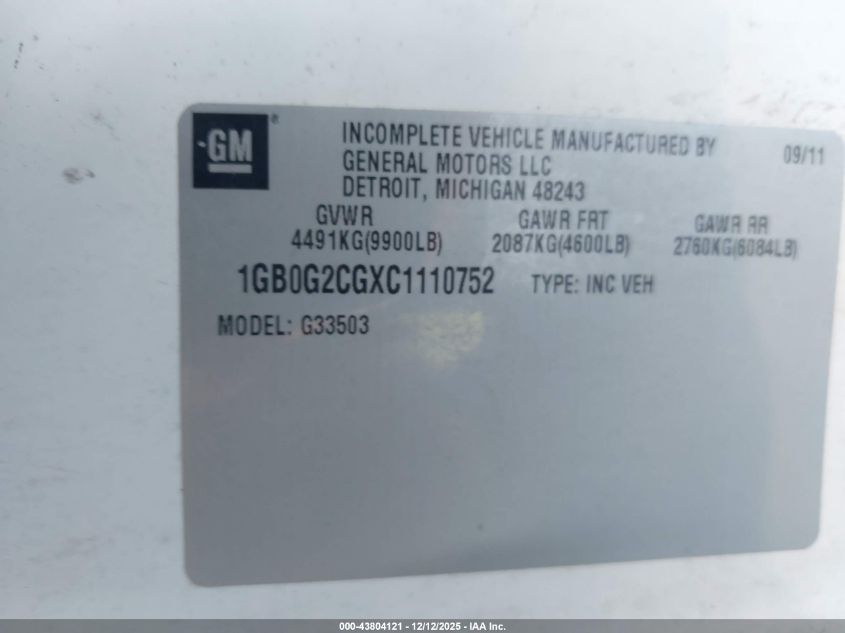 2012 Chevrolet Express Cutaway Work Van VIN: 1GB0G2CGXC1110752 Lot: 43804121