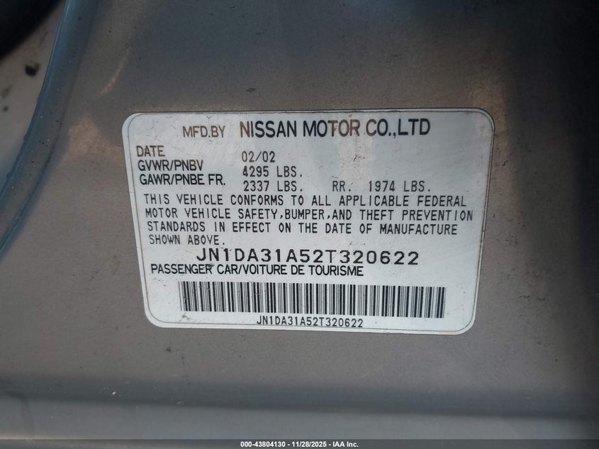 2002 Nissan Maxima Gle VIN: JN1DA31A52T320622 Lot: 43804130