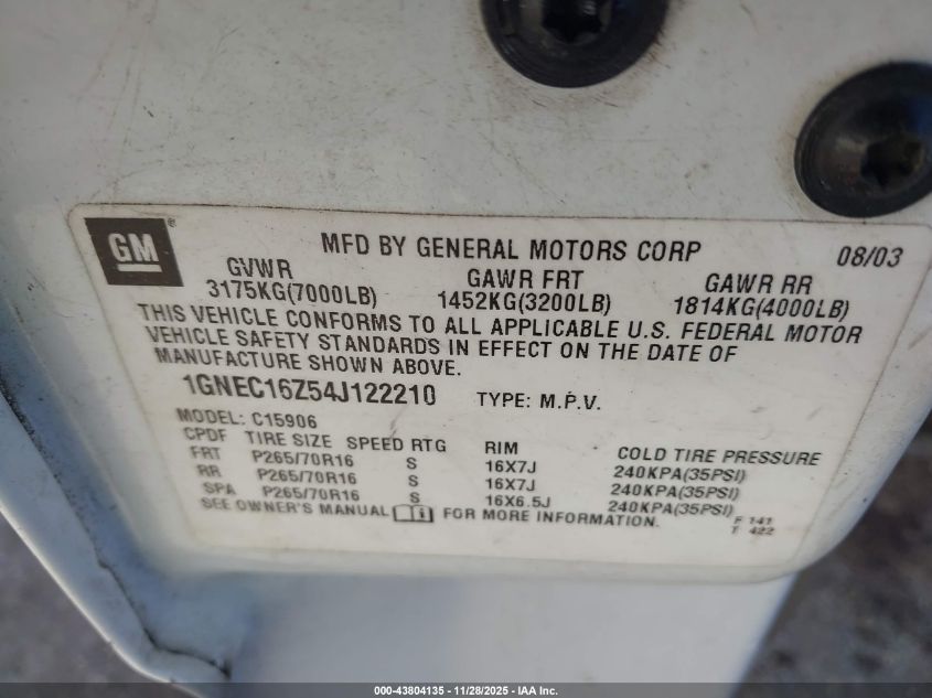 2004 Chevrolet Suburban 1500 Ls VIN: 1GNEC16Z54J122210 Lot: 43804135