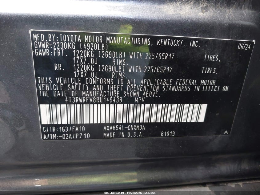 2024 Toyota Rav4 Hybrid Xle VIN: 4T3RWRFV8RU149438 Lot: 43804149