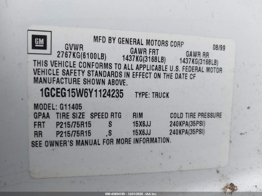 2000 Chevrolet Express VIN: 1GCEG15W6Y1124235 Lot: 43804159