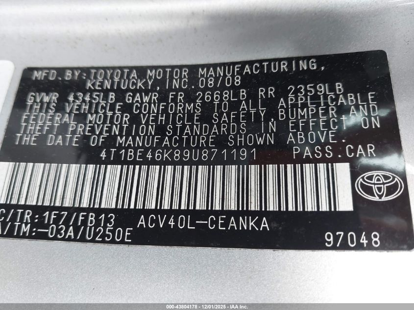 2009 Toyota Camry Le VIN: 4T1BE46K89U871191 Lot: 43804178