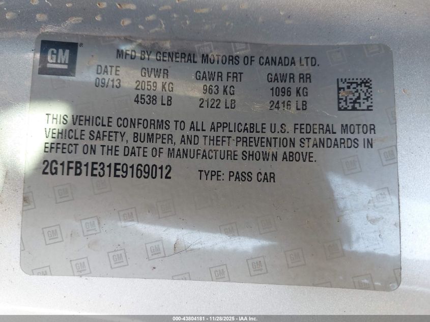 2014 Chevrolet Camaro 1Lt VIN: 2G1FB1E31E9169012 Lot: 43804181