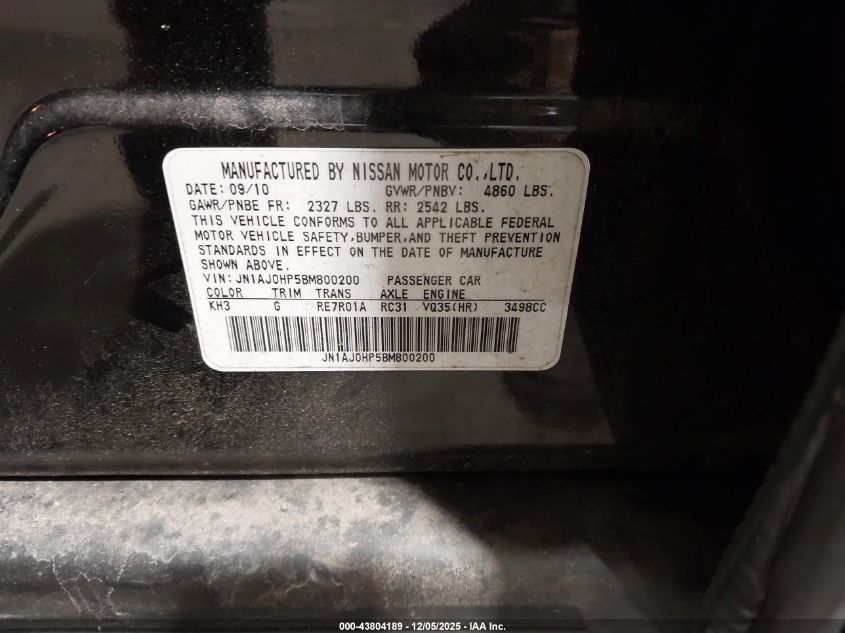 2011 Infiniti Ex35 Journey VIN: JN1AJ0HP5BM800200 Lot: 43804189