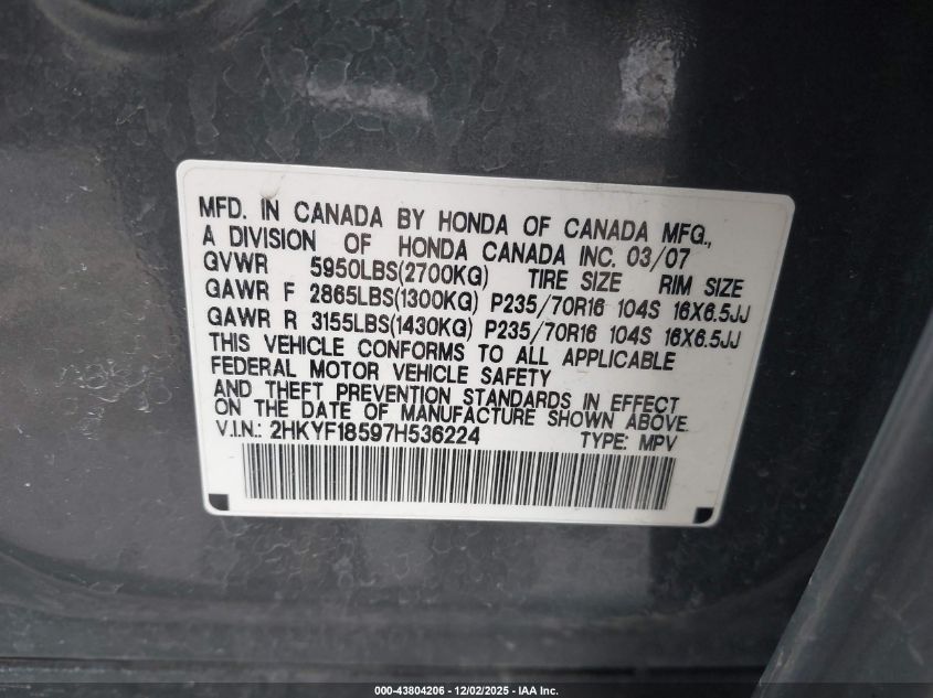 2007 Honda Pilot Ex-L VIN: 2HKYF18597H536224 Lot: 43804206