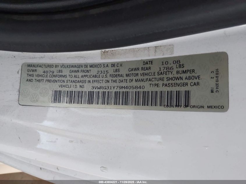 2009 Volkswagen New Beetle 2.5L VIN: 3VWRG31Y79M405840 Lot: 43804221